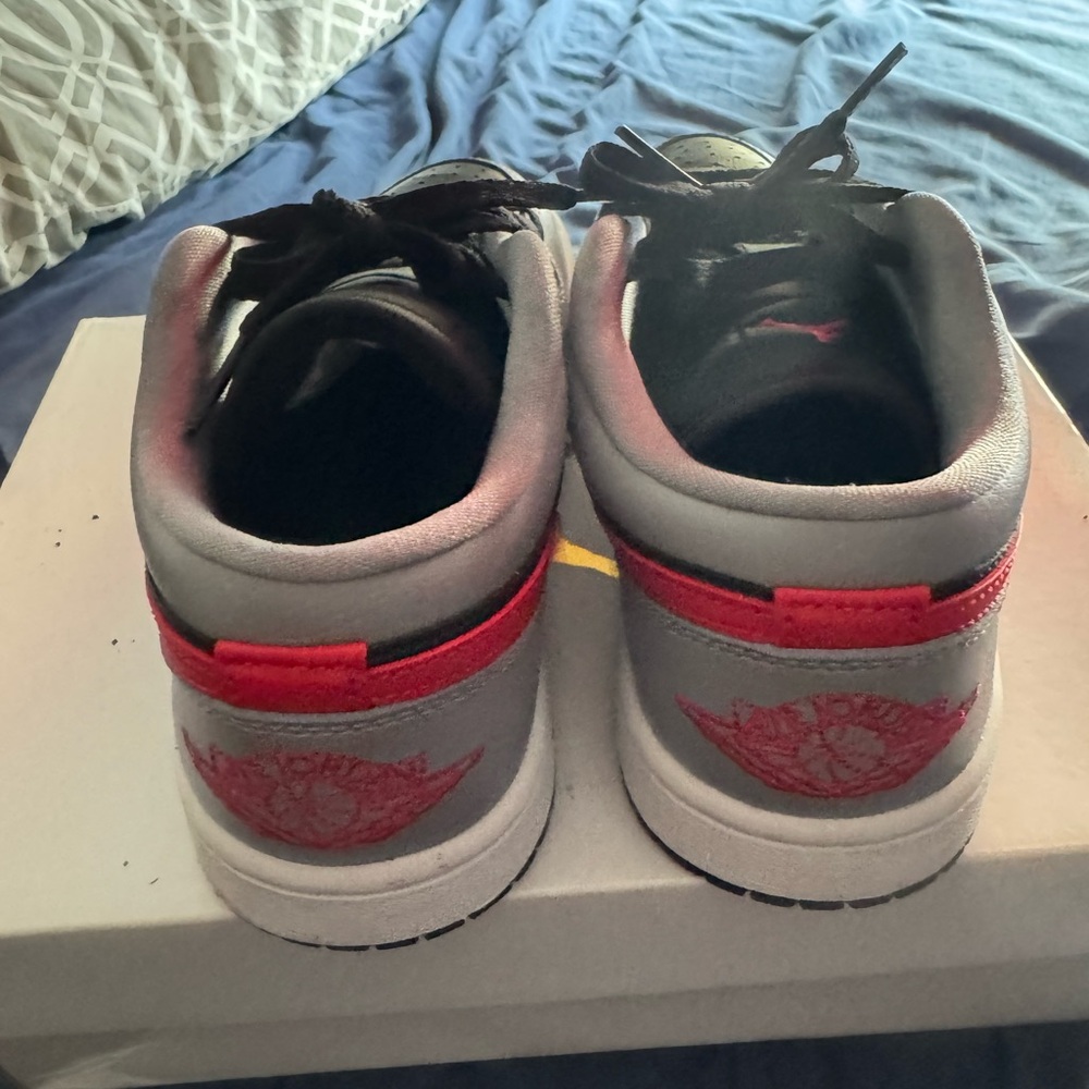Gray and Red Athletic Sneakers with Mesh Upper